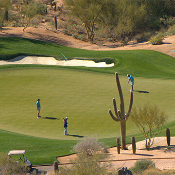 Bird's eye view of golfers on the green