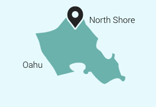 Map graphic of Oahu with a location pin set on North Shore.