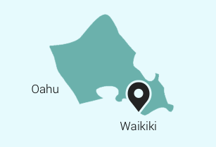 Map graphic of Oahu with a location pin set on Waikiki.