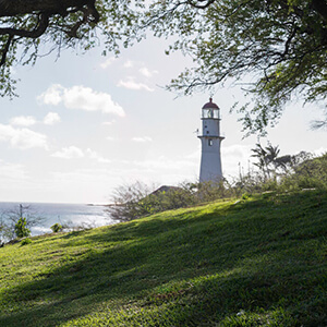 View of a lighthouse and ocean.