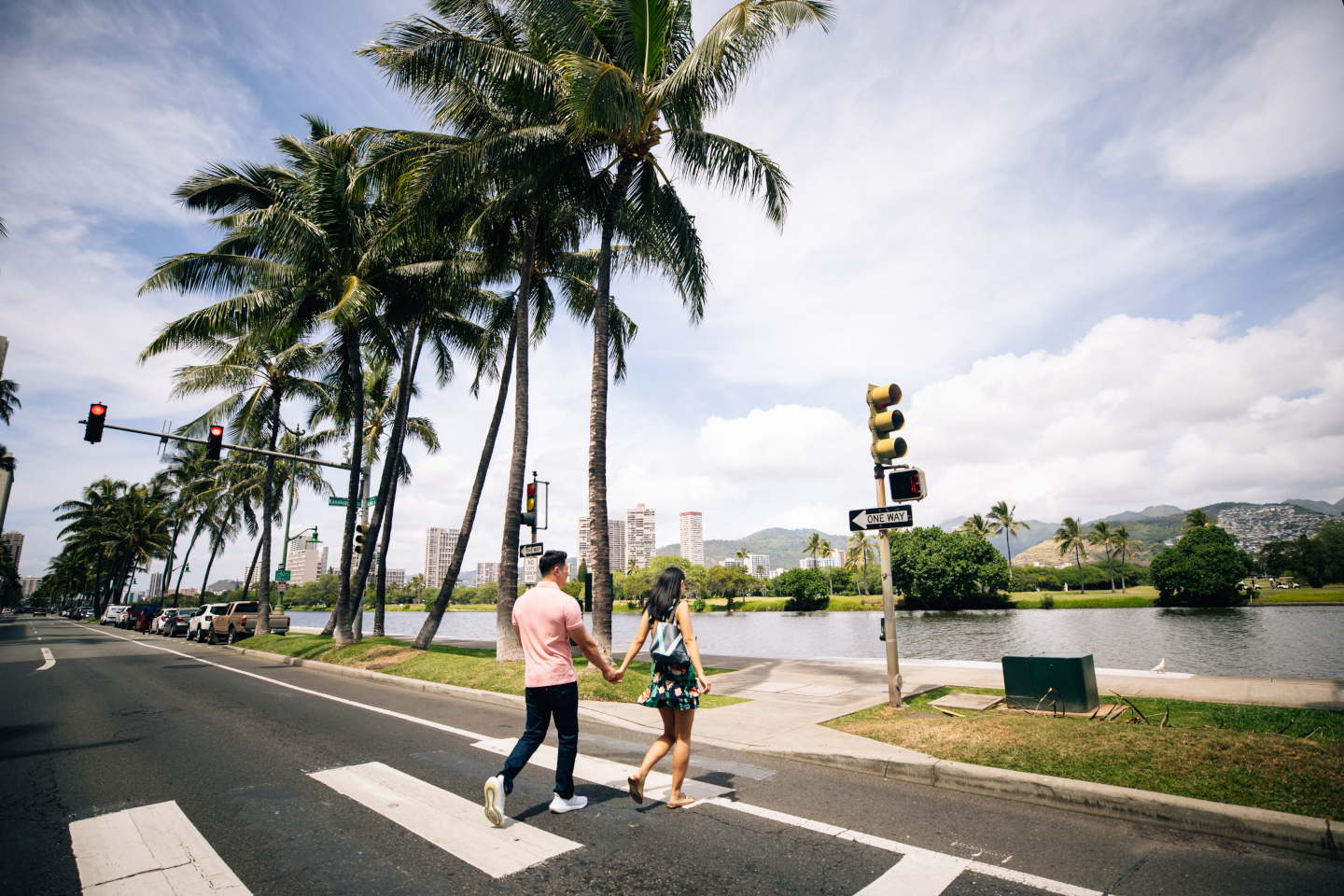 Couple crossing street.