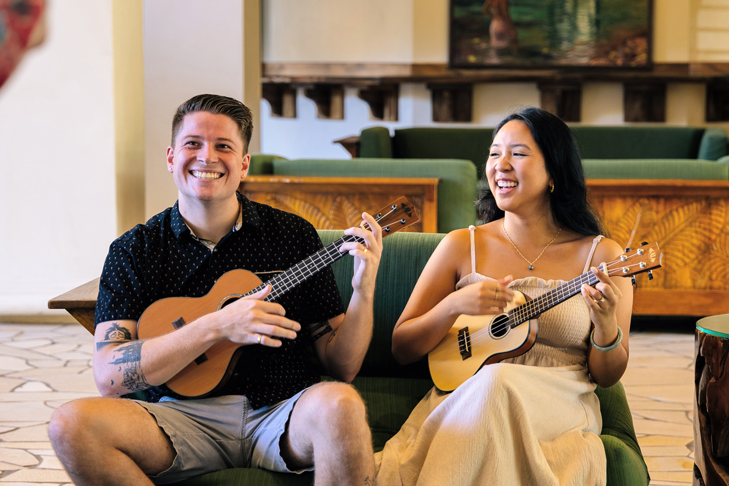 Couple enjoying ukulele lessons.