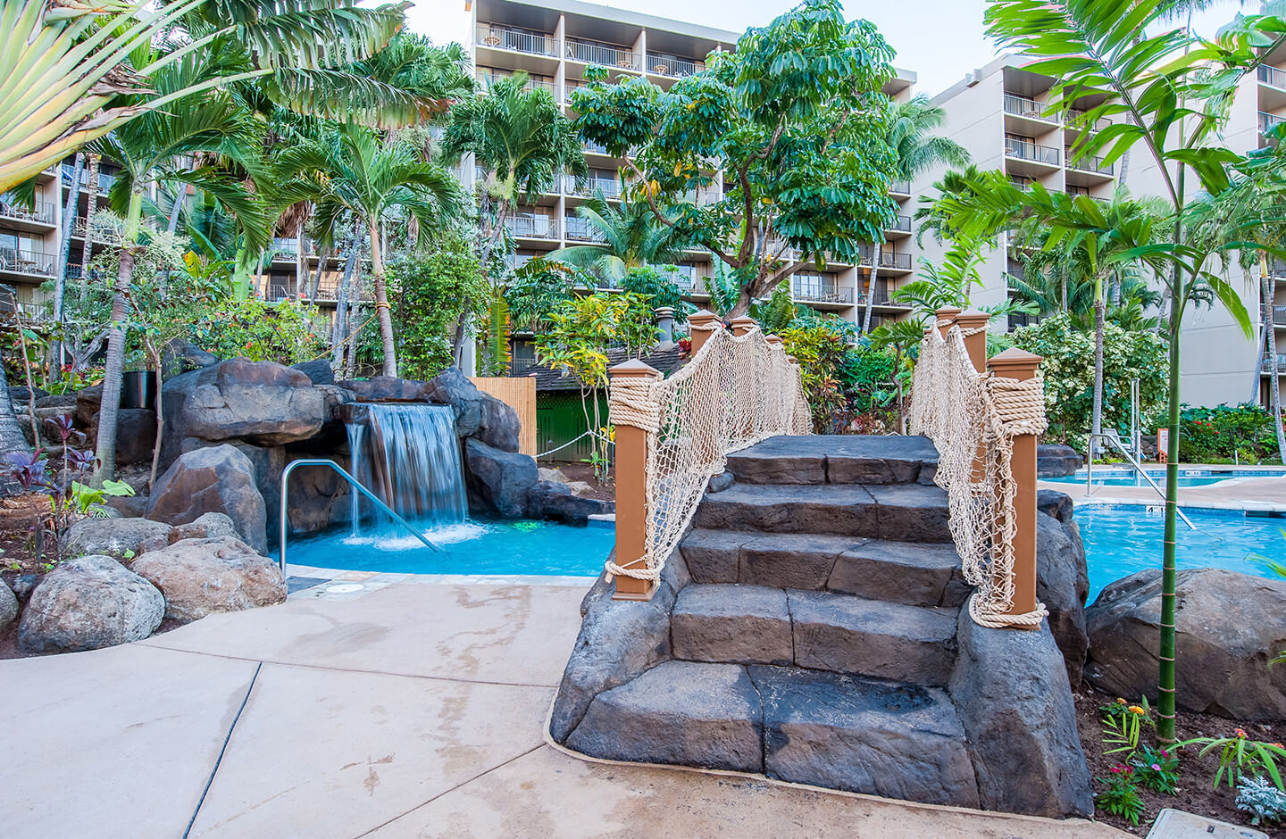 Garden Pool with Waterfall and Bridge