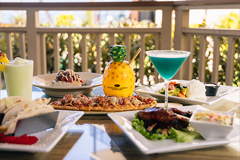 Table with various dishes and drinks at on-site restaurant