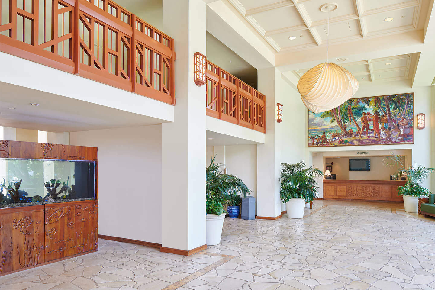 Lobby front desk and fish tank.