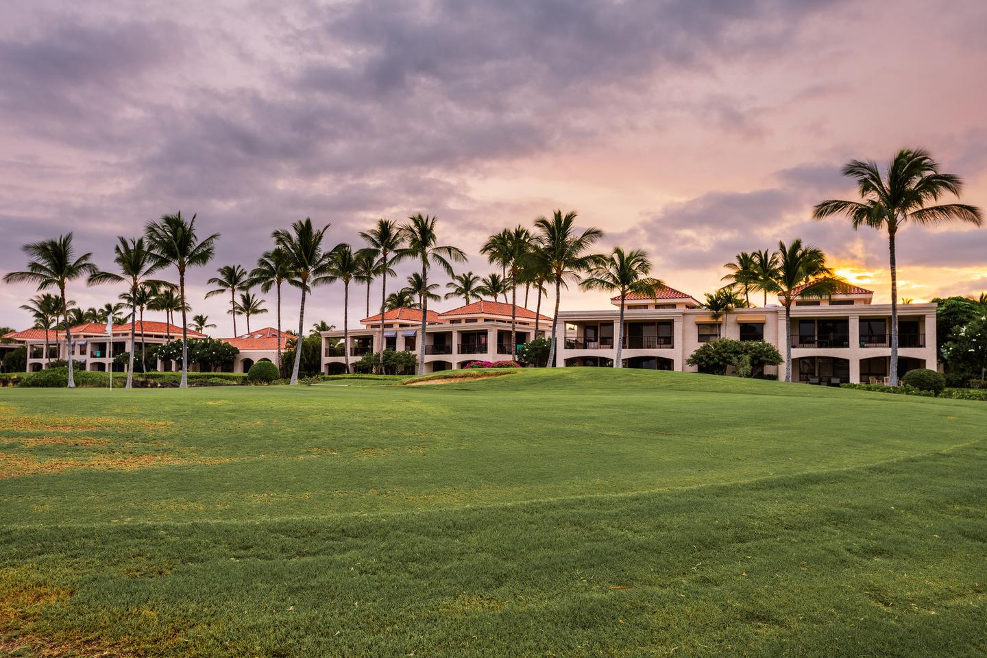 Golf course fairways and resort building exterior