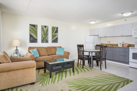 1-Bedroom Partial Ocean View with fully equipped kitchen and living area.