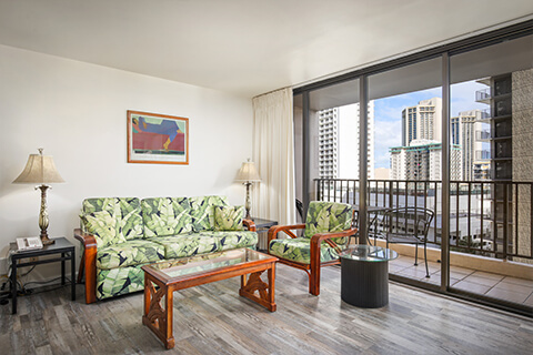 1-Bedroom Standard Suite living area with view.