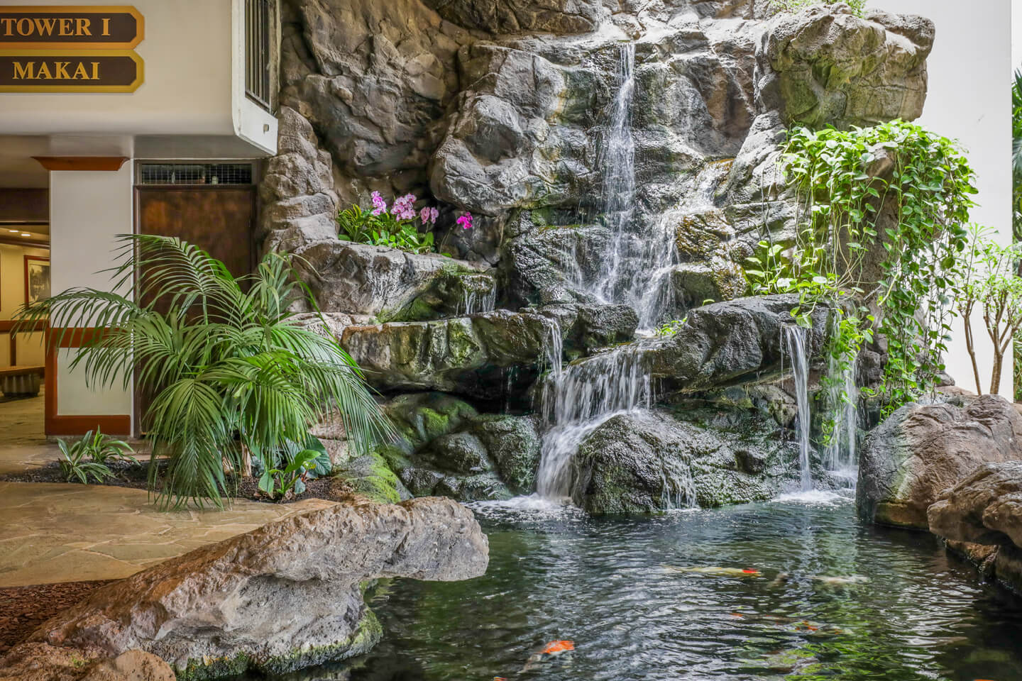 Lobby waterfall and koi pond.