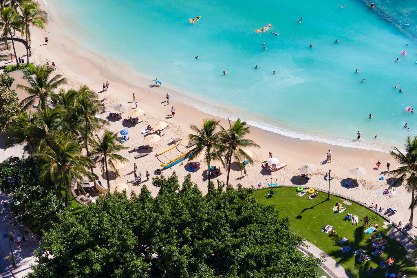Overhead view of Waikiki Beach.