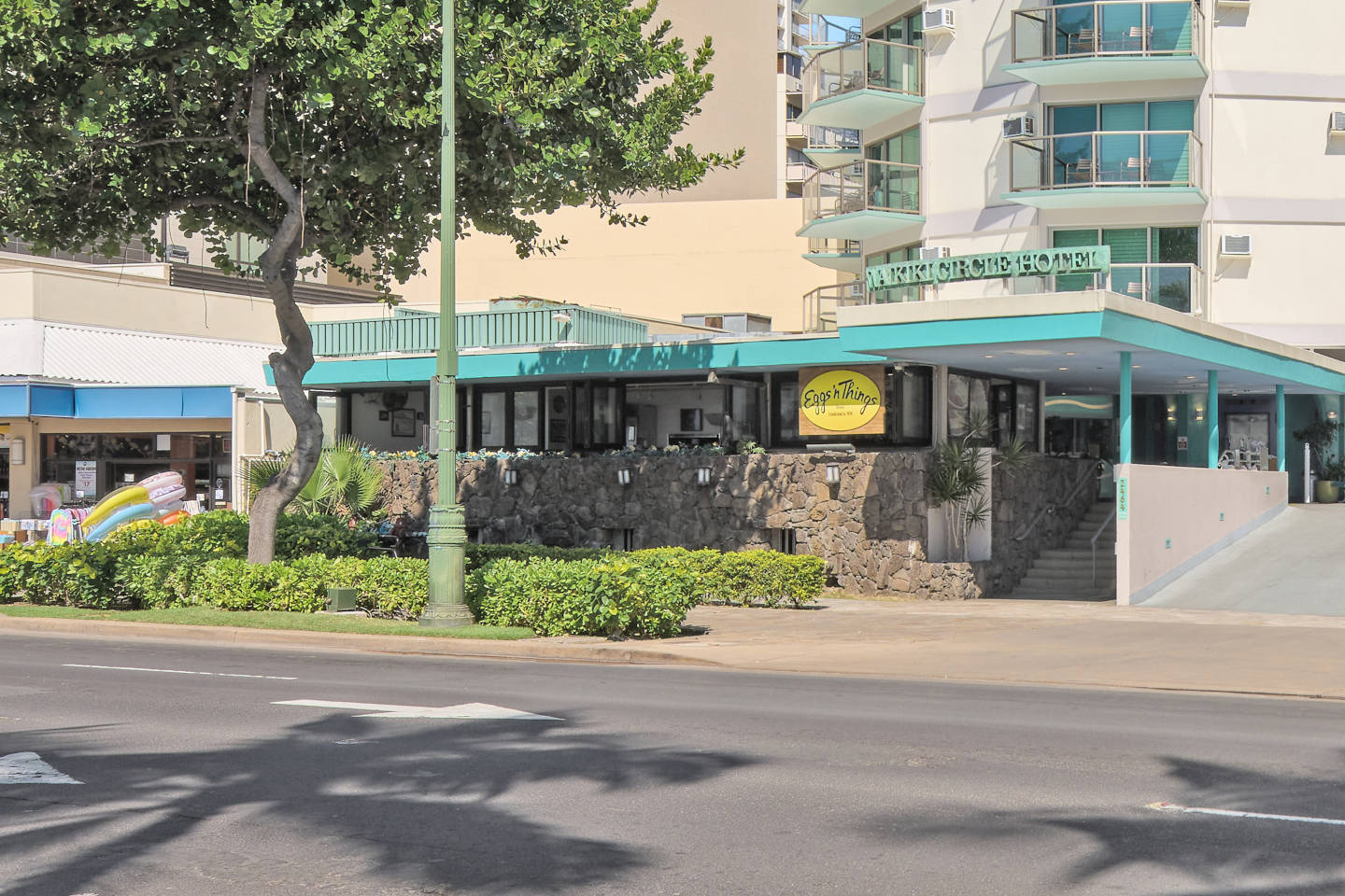 Hotel and restaurant exterior.