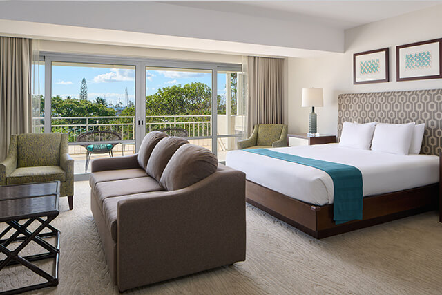 Room with bed, couch, coffee table, TV, balcony