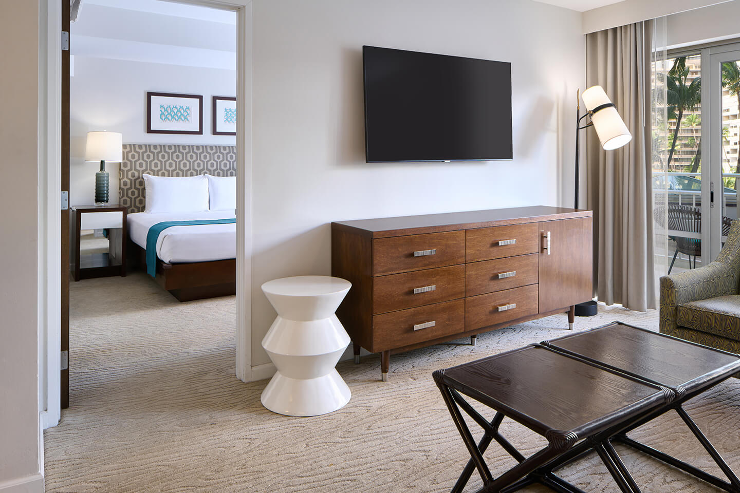 Luxury One-Bedroom Boulevard View Bedroom and Living Area