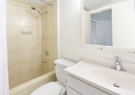 Bathroom with shower/tub, sink and mirror