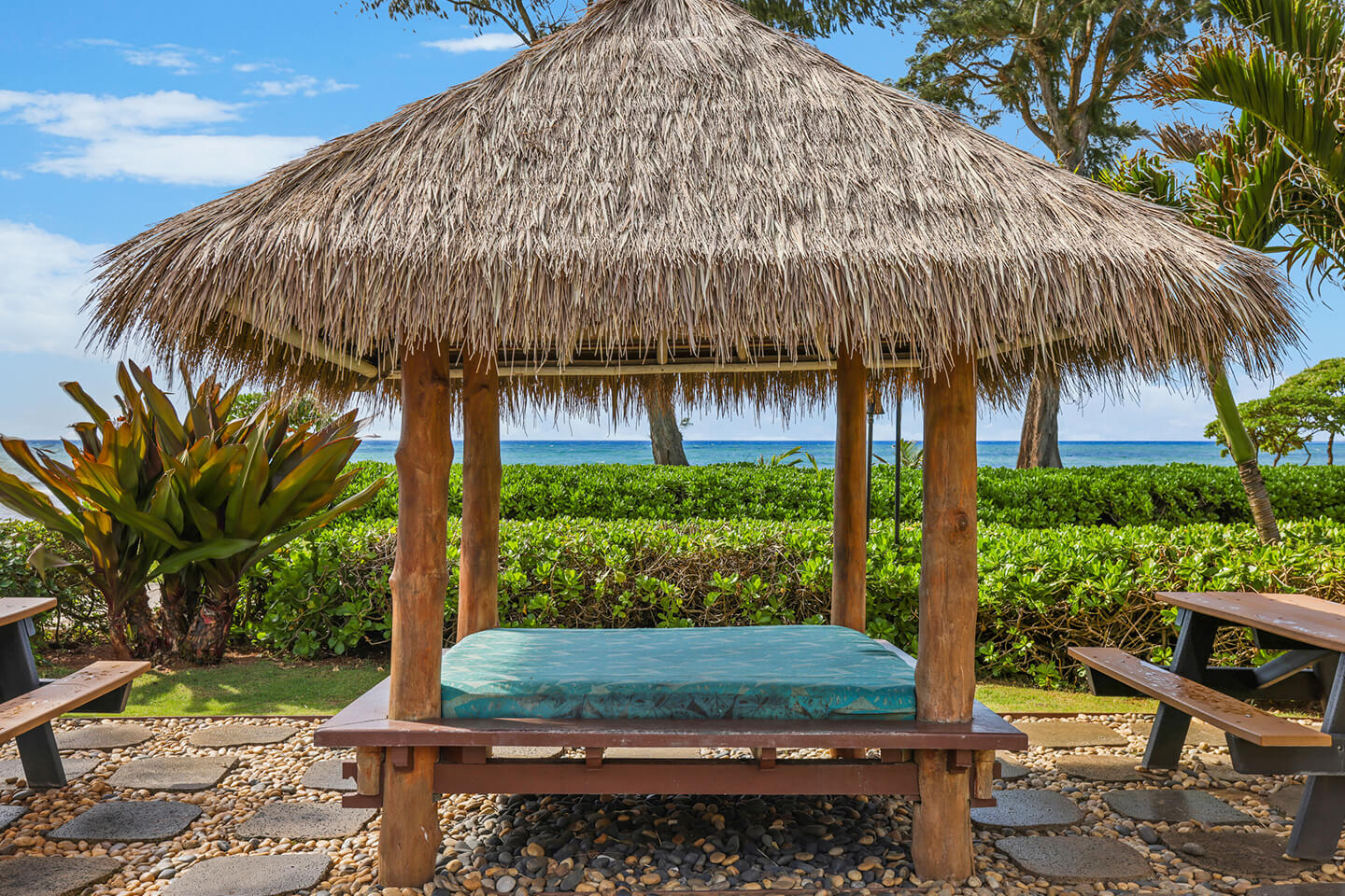 Shaded lounge area near pool