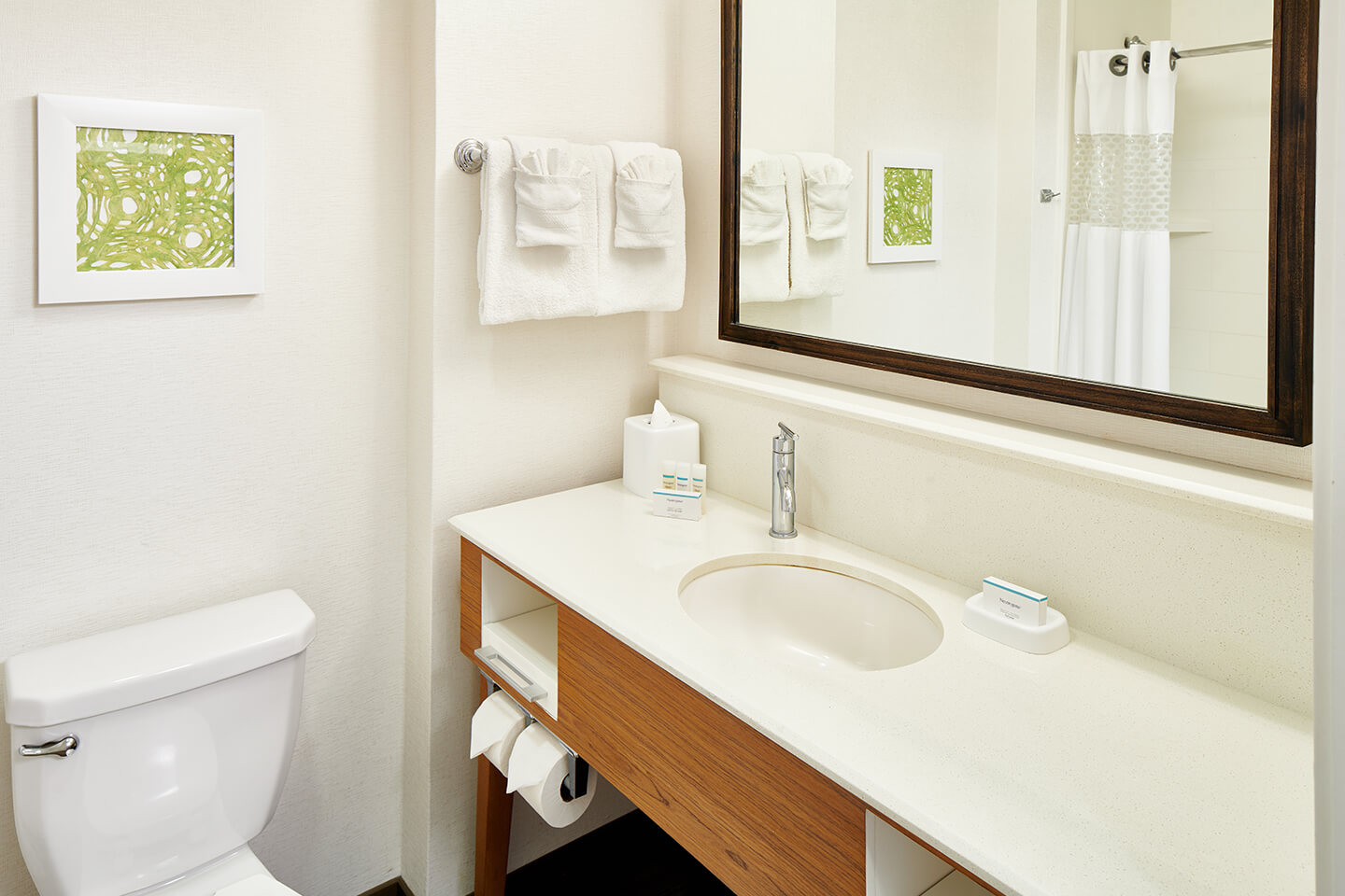 Bathroom with toilet, sink, counter, mirror