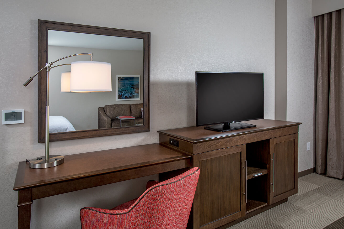 Desk, chair, TV, entertainment stand