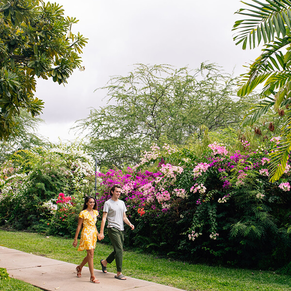 Couple walking through property gardens.
