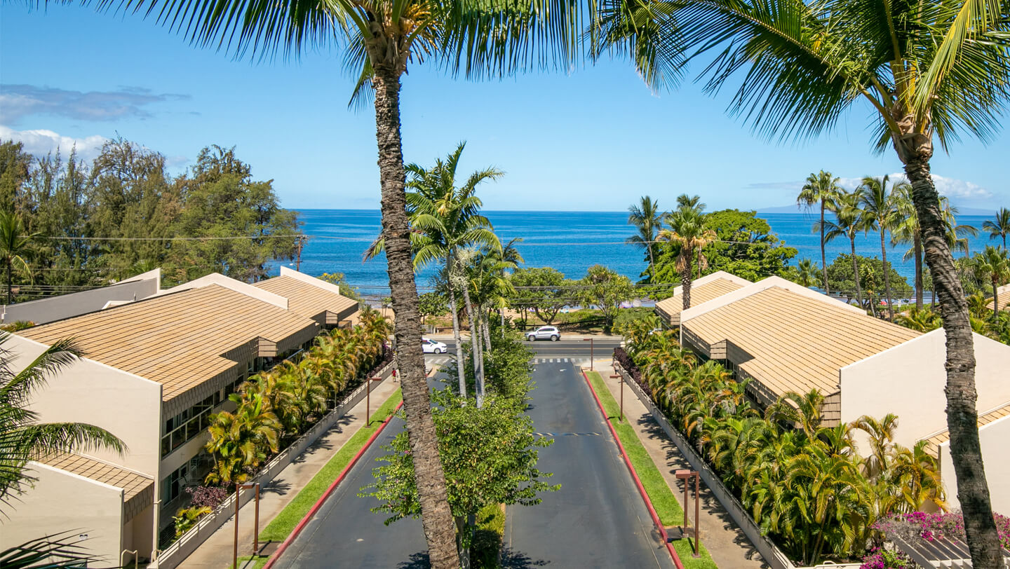 Resort entrance driveway with ocean in background.