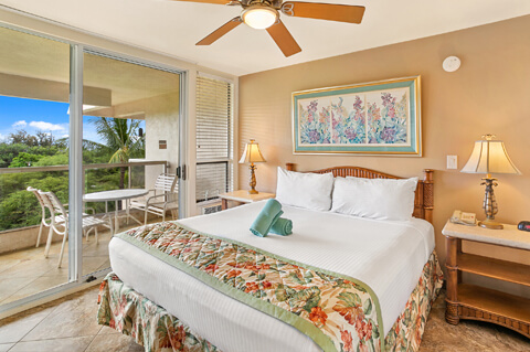 Bed, night stand, ceiling fan, lamps, balcony