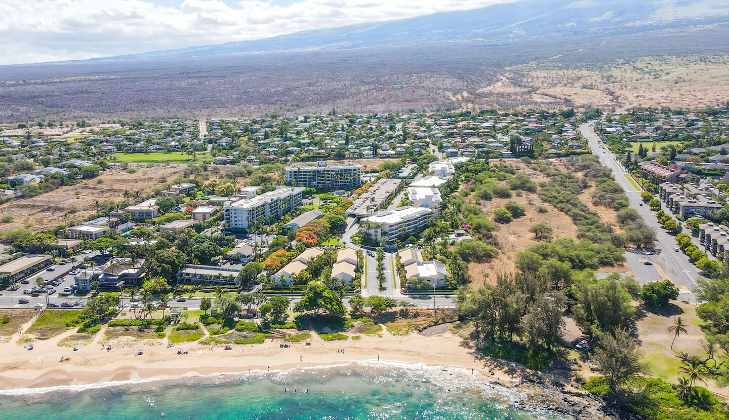 Aerial view of resort and beach.