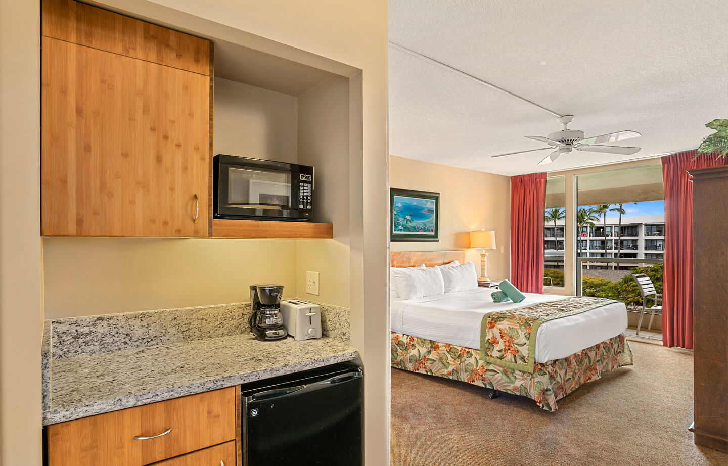 Room with microwave, counter, mini refrigerator, bed, lamp, balcony.