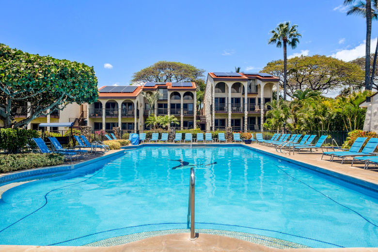 View from the swimming pool looking toward the condo buildings and lush trees 