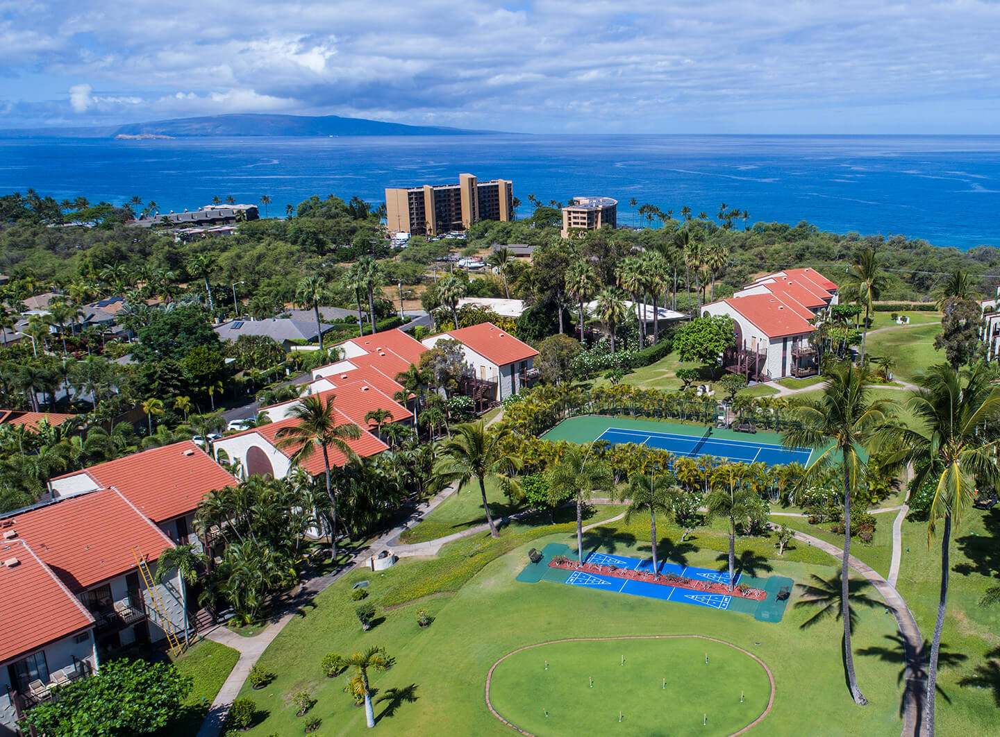 Aerial view of resort and ocean.