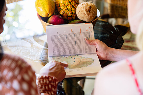 close up of 2 people looking at map of Maui
