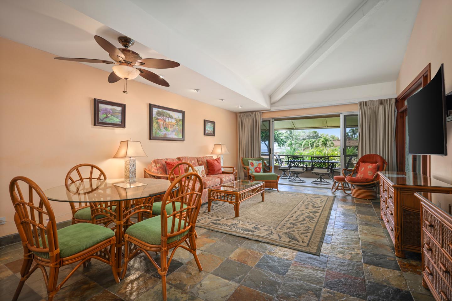 One-Bedroom Oceanside Premium Living and Dining Area looking out to the Lanai
