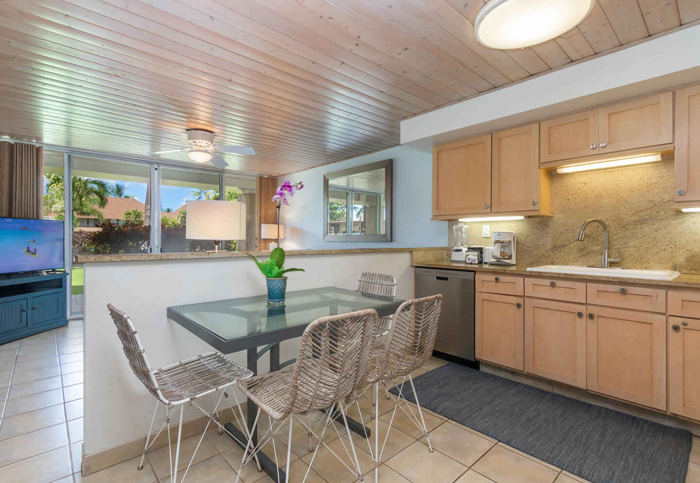 Dining area with table and chairs.