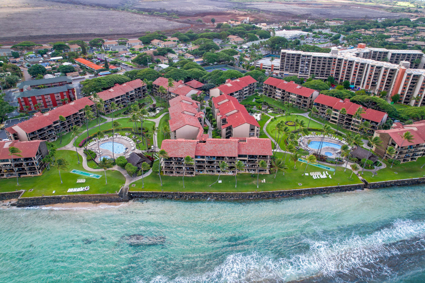 Aerial view of resort and ocean.