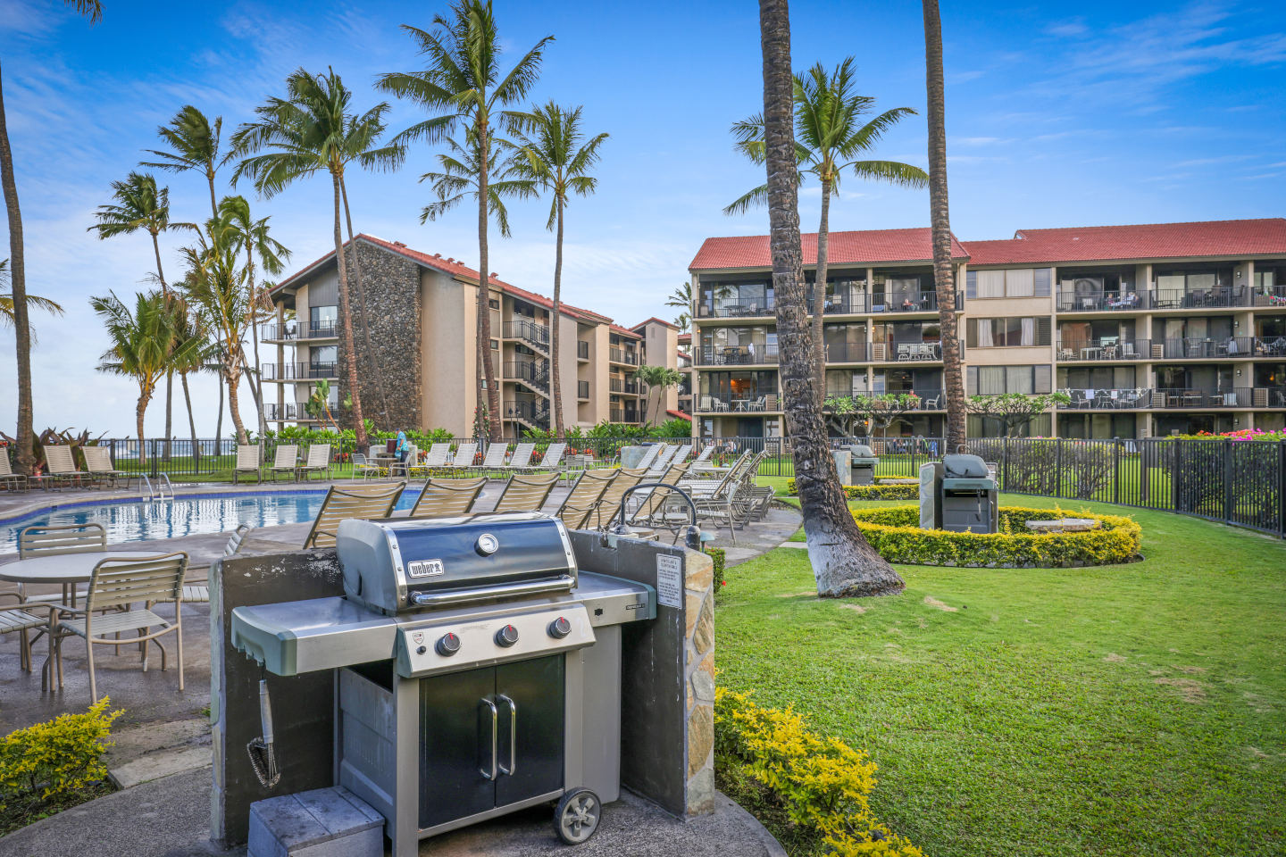 Barbecue grill on resort lawn.
