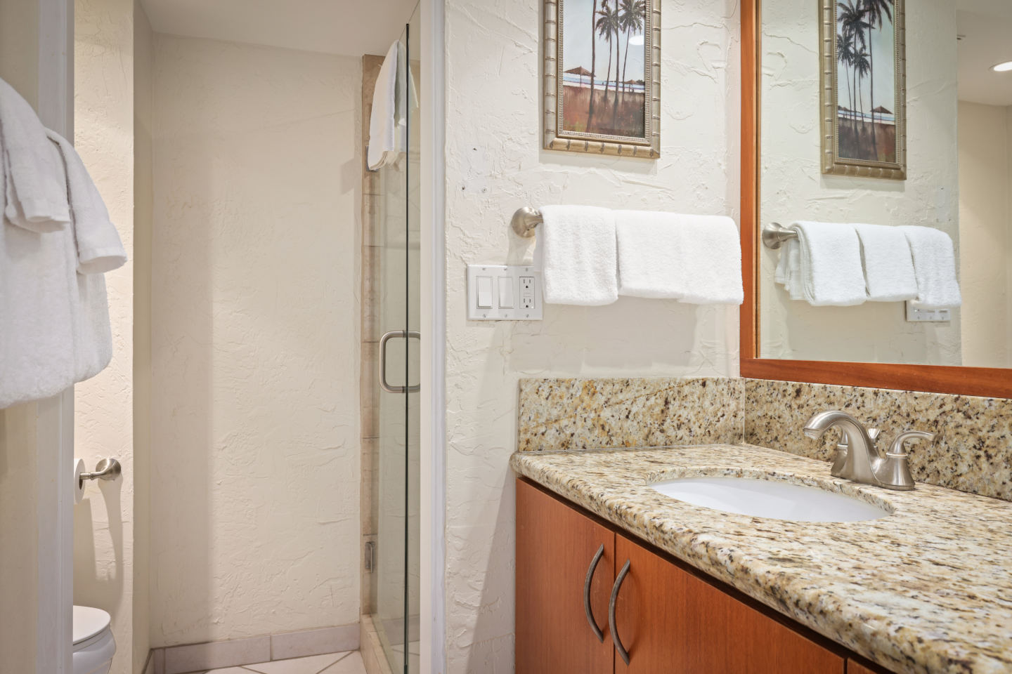 Bathroom sink and shower.
