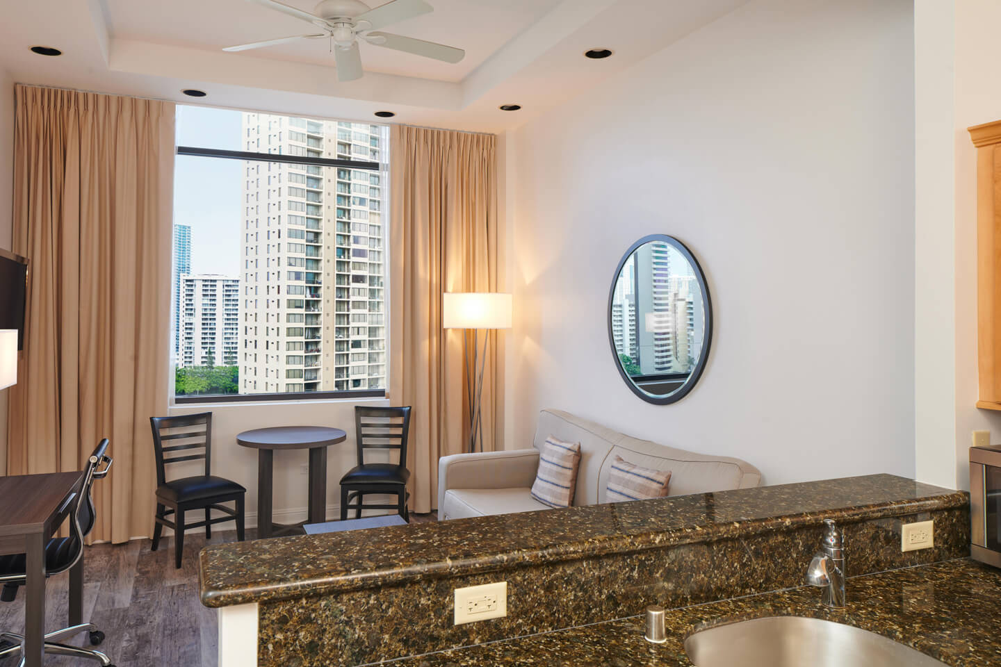 Counter top and living area.