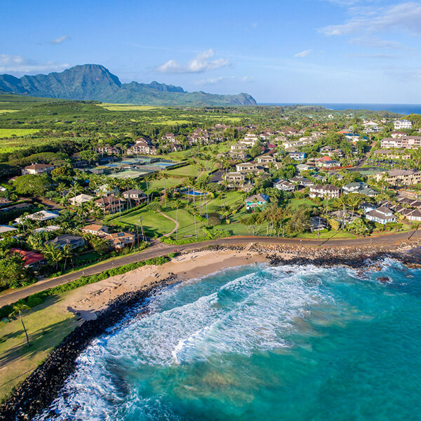 Aerial of resort and beachfront.