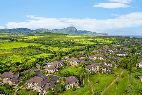 Overhead view of resort and mountains