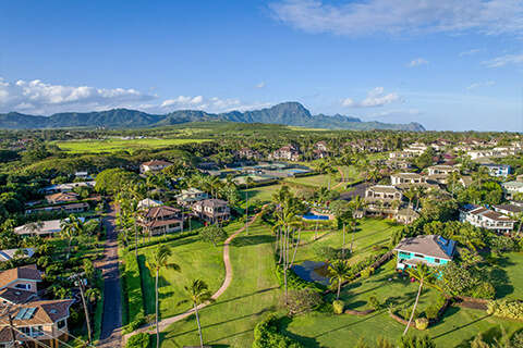 Overhead view of resort and mountains