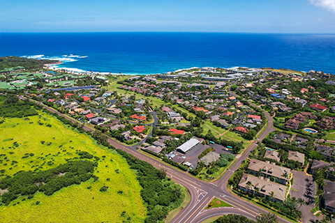 Overhead view of resort and ocean