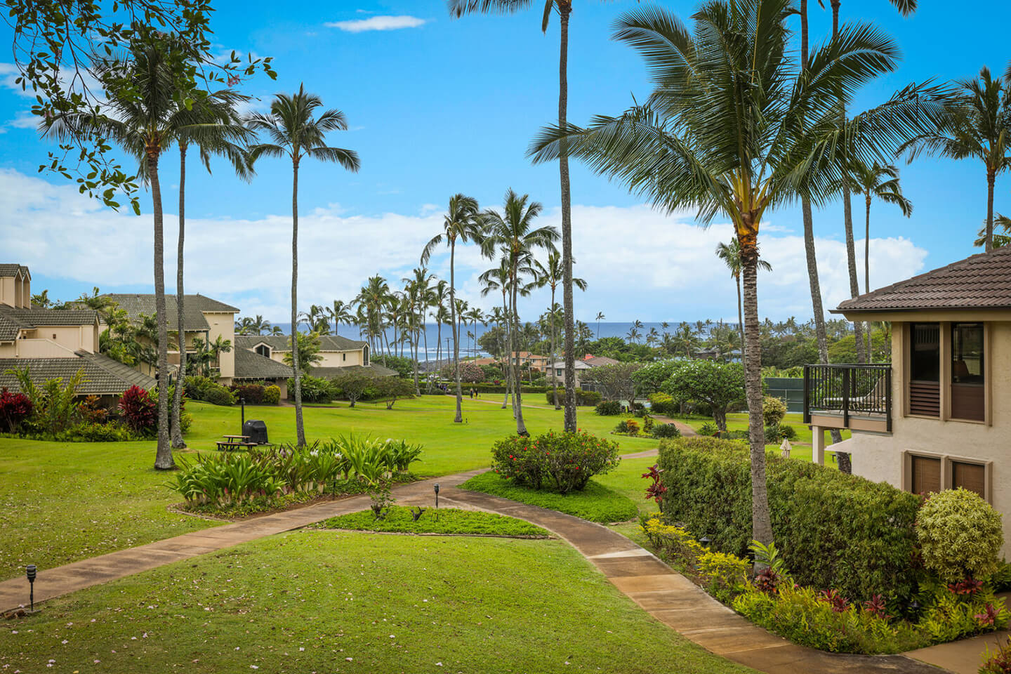 Resort grounds and ocean in background.
