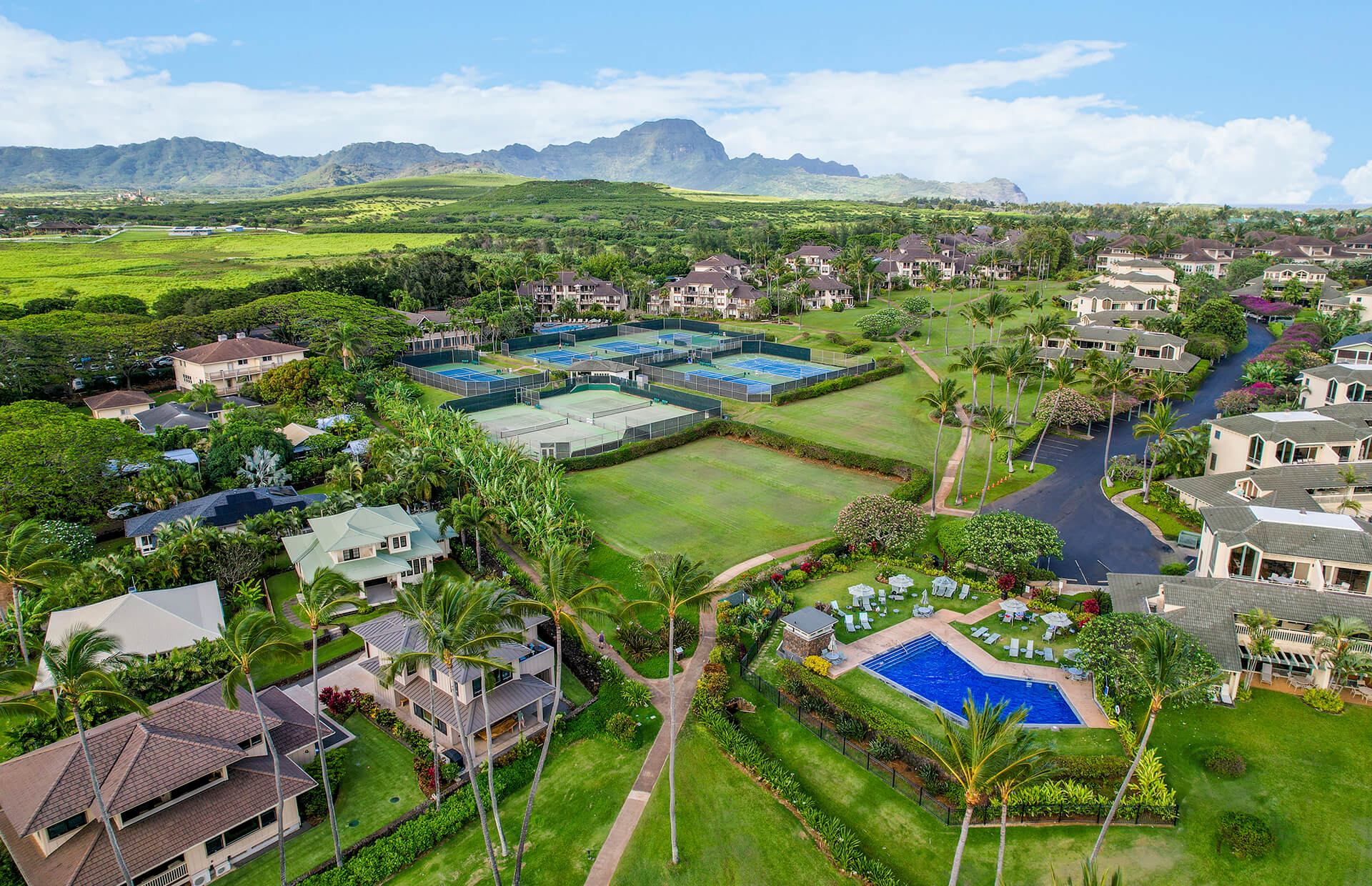 Overhead view of resort and mountains