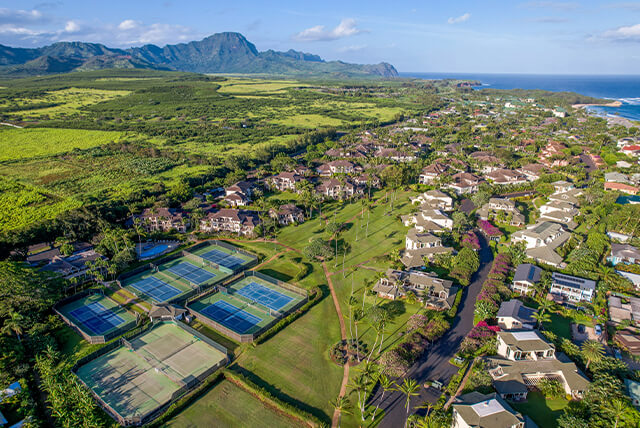 Overhead view of resort, mountains, and ocean