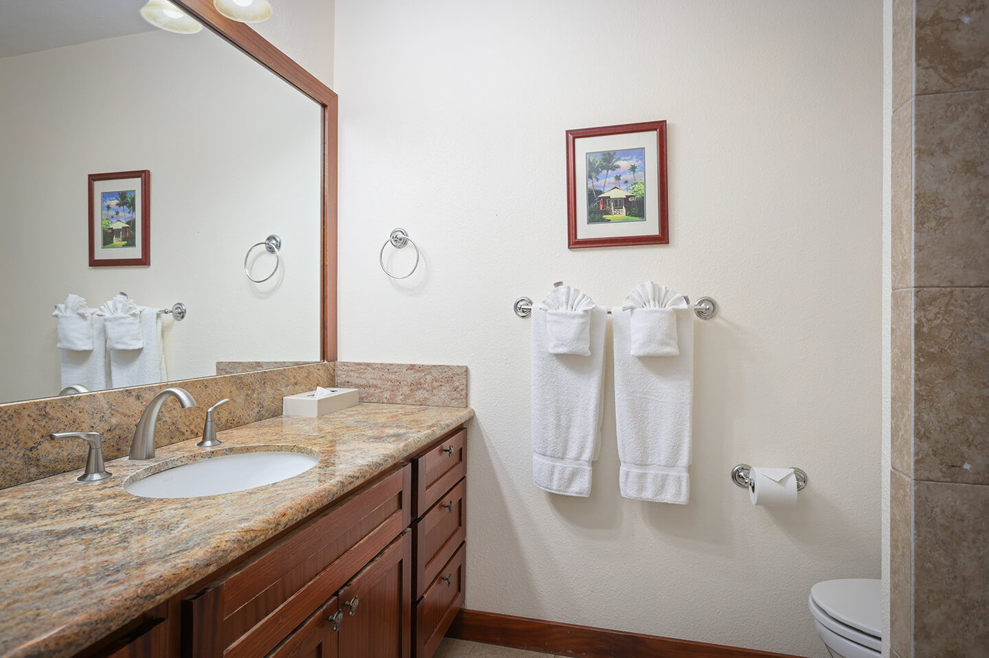 Bathroom counter top, sink, mirror.