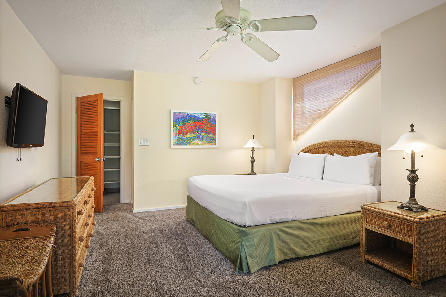 Room with king bed, TV, dresser, night stands, lamps, closet.
