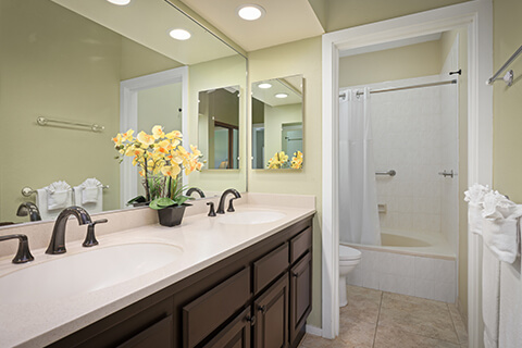 Bathroom with 2 sinks, shower, tub