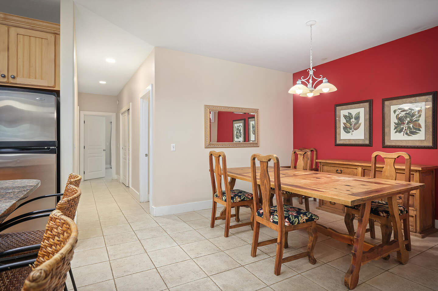 Dining area with table and chairs.