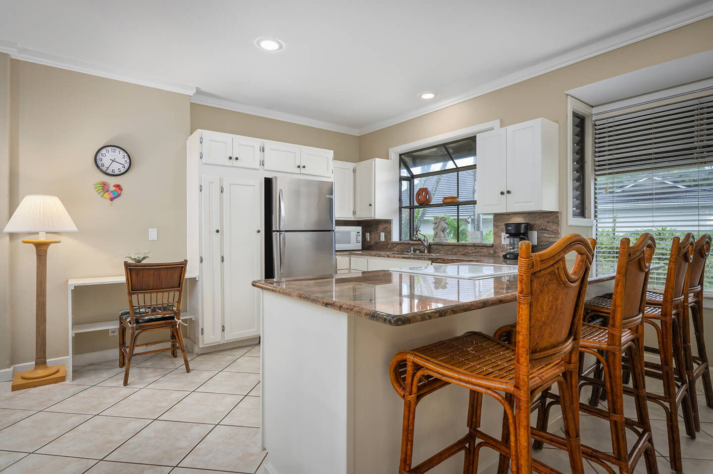 Kitchen counter top with seating.