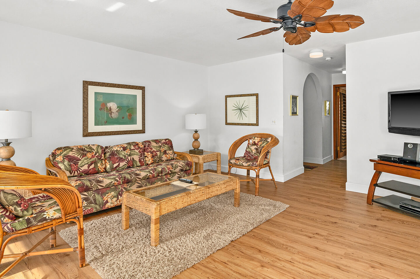 Living room with couch, coffee table, lamp, ceiling fan, TV.