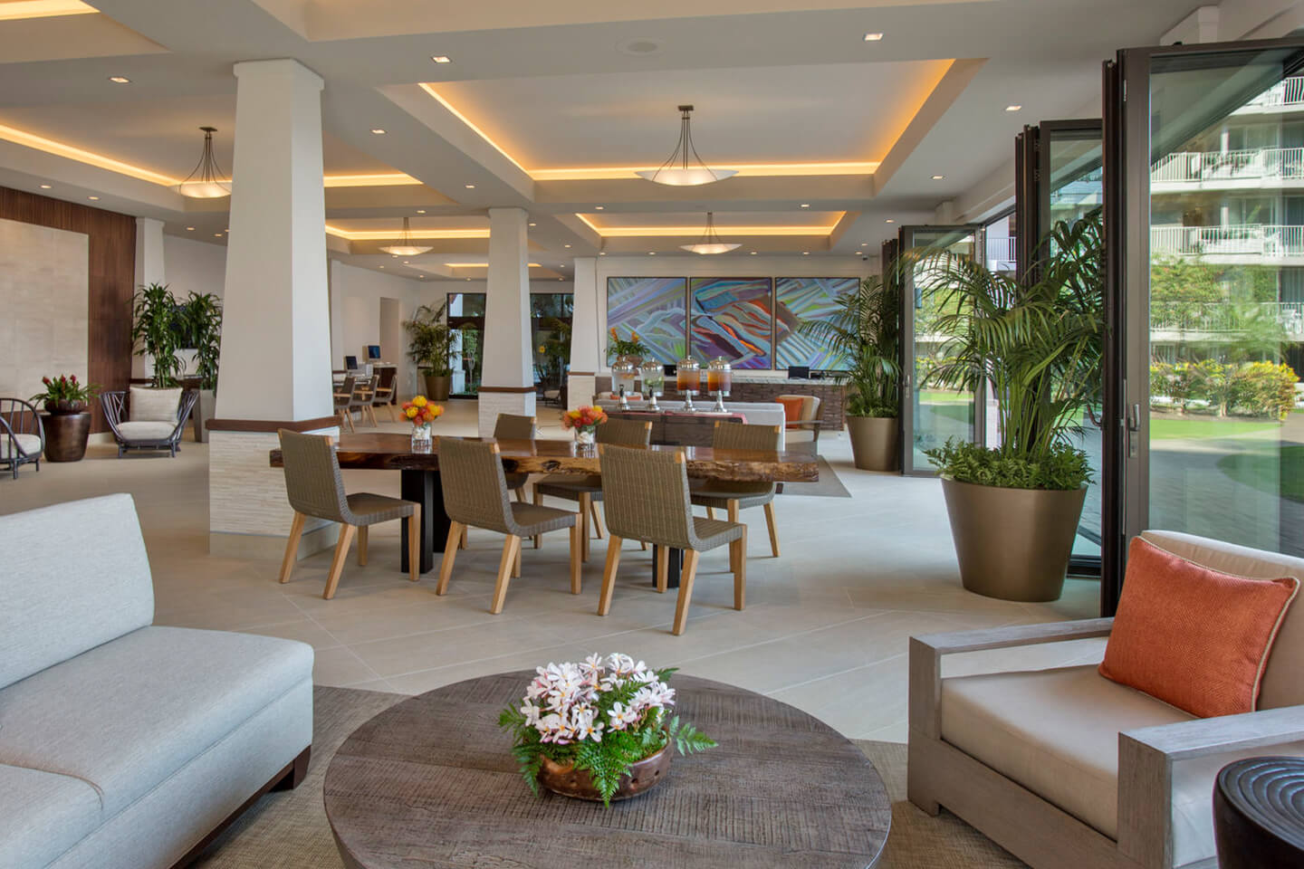 Lobby with seating and tables.
