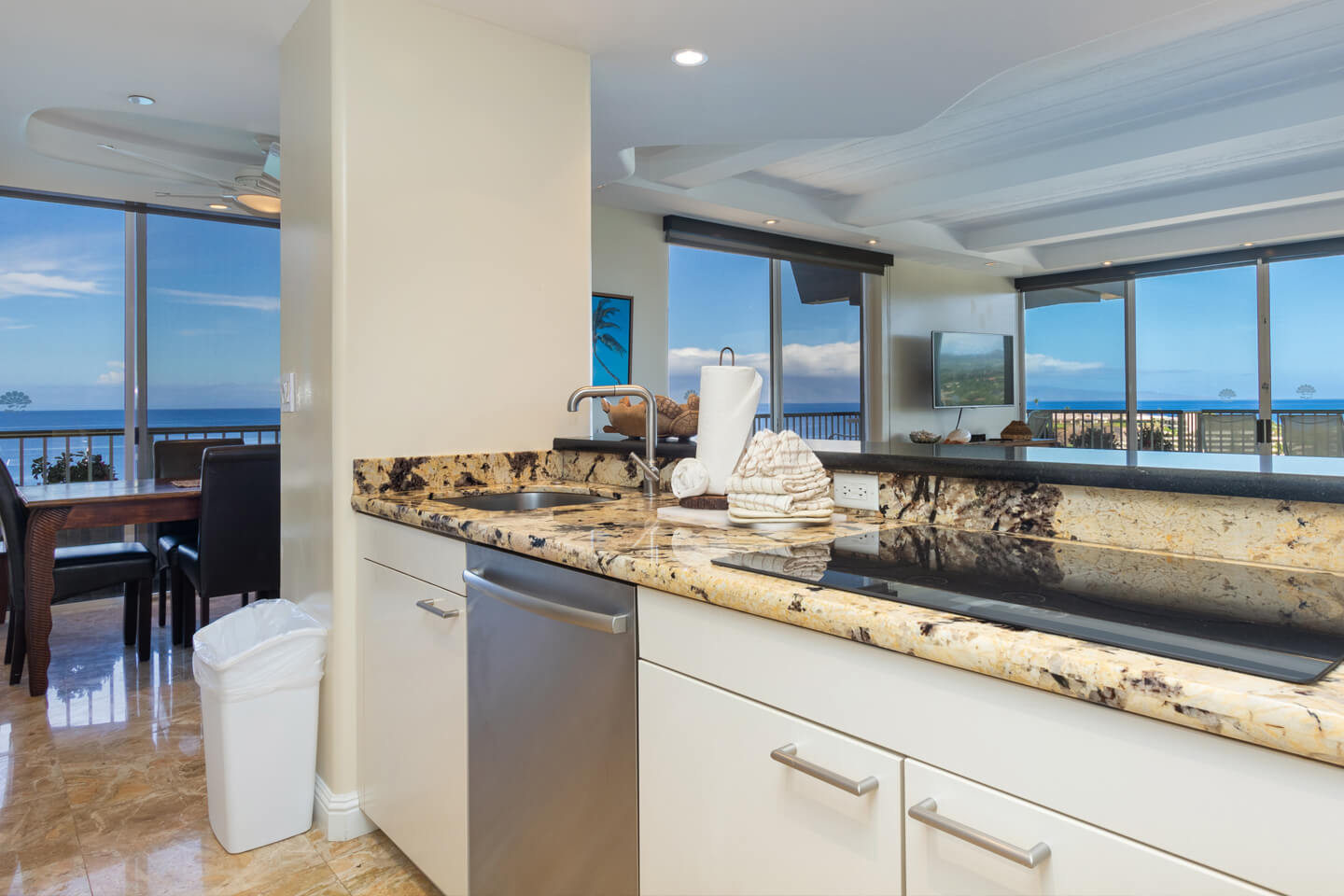 Kitchen with a dishwasher, sink, and stove top.